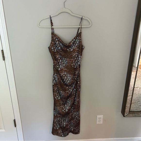 NWT Re-Named Midi Satin Brown and Blue Patteren Dress Medium - Picture 1 of 5